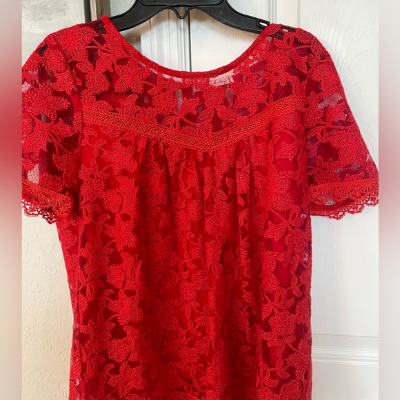 Willow and Clay Women’s Red Lace Intricate Floral S/S Lined Top-Sz XS-Quick - Picture 4 of 15